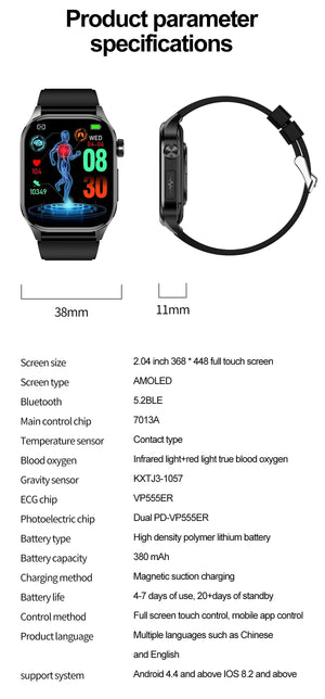 Planet Gates Black New Blood Glucose Health Smartwatch Men ECGPPG Blood Pressure Lipids Uric Acid IP67 Waterproof Sport Bluetooth Call Smart Watch