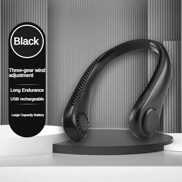 Planet Gates black New Mini Neck Fan Portable Bladeless Hanging Neck 1200mAh Rechargeable Air Cooler 3 Speed Mini Summer Sports Fans