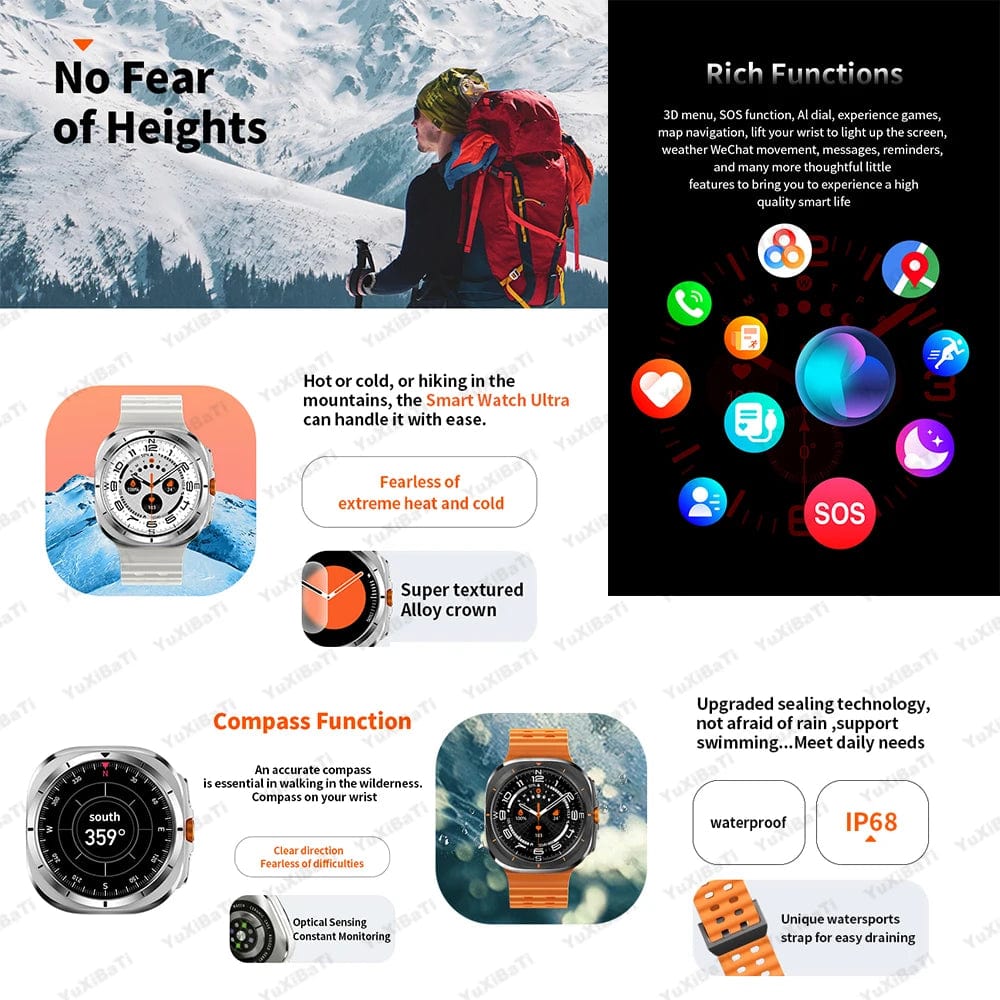 Planet Gates Black / NFC Watch 7 Ultra For Samsung Galaxy Watch 7 Ultra GPS Compass NFC Smart Watch Outdoor Sports Man AMOLED BT Call IP68 Galaxy 6 Upgraded Smartwatch