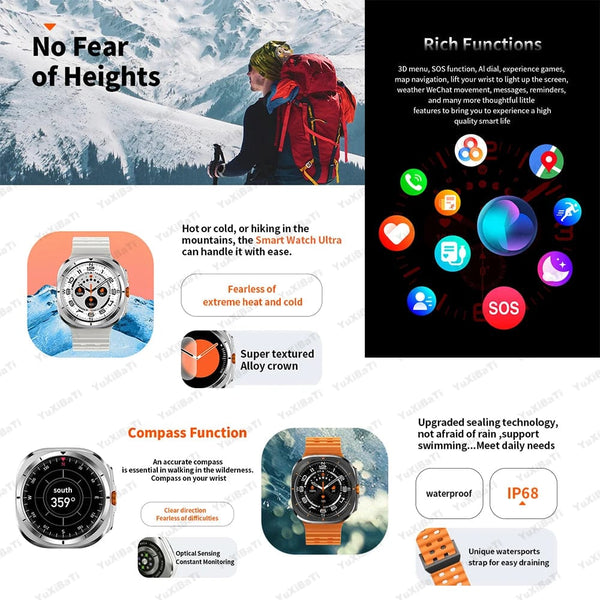 Planet Gates Black / NFC Watch 7 Ultra For Samsung Galaxy Watch 7 Ultra GPS Compass NFC Smart Watch Outdoor Sports Man AMOLED BT Call IP68 Galaxy 6 Upgraded Smartwatch