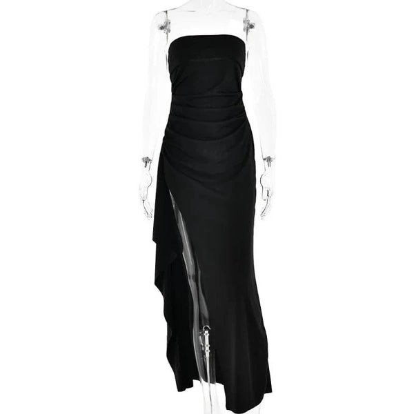 Planet Gates Black Off-shoulder Strapless Backless High Split Maxi Dress For Women Sleeveless Bodycon Club Party Evening Long Dress Clothes