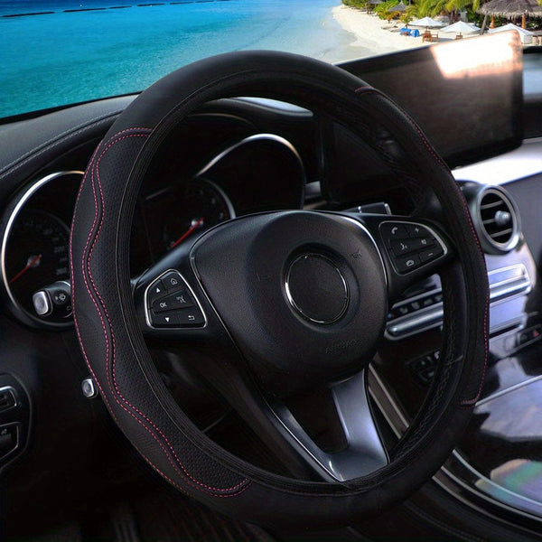 Planet Gates Black Pink PU Leather Three-dimensional Pressure Hole Without Inner Ring Car Steering Wheel Cover Suitable For 37-38CM Car Accessories For All Seasons