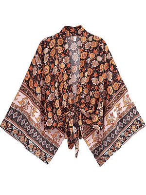 Planet Gates black / S Boho Vintage Floral Print Beach Summer Short Kimono Women Fashion Ladies Casual V Neck Batwing Sleeves Bohemian Cover-ups