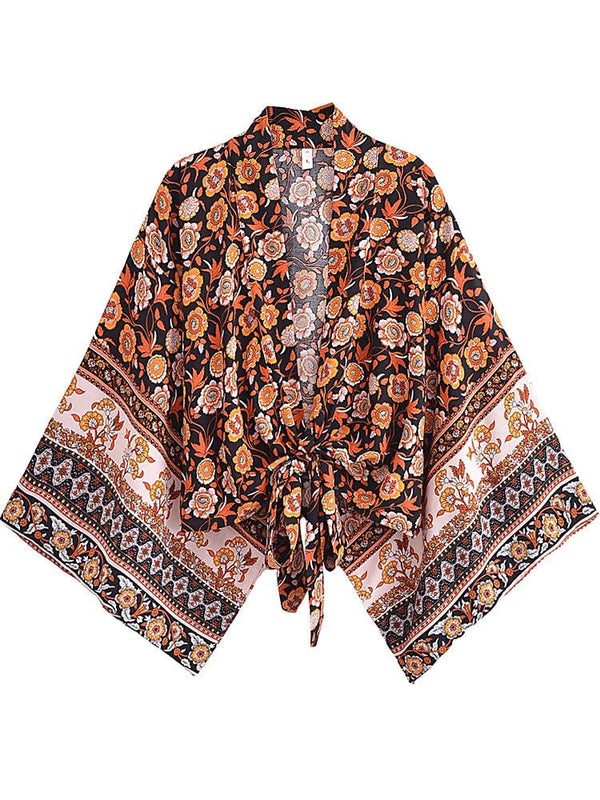 Planet Gates black / S Boho Vintage Floral Print Beach Summer Short Kimono Women Fashion Ladies Casual V Neck Batwing Sleeves Bohemian Cover-ups
