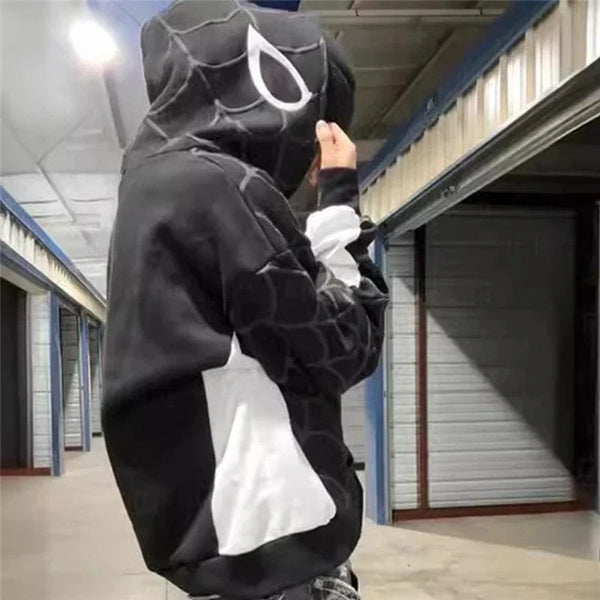Planet Gates black / S New cross-border European and American style autumn and winter spider print patchwork cardigan zipper hooded sweatshirt