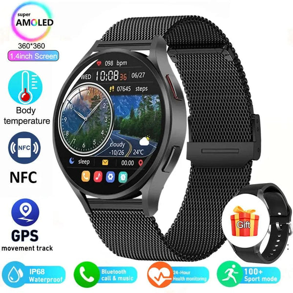 Planet Gates Black Silicone Smart Watch 1.4 inch HD Screen Smartwatch GPS track tracking Heart rate Body Temperature Smart Watch For Samsung Galaxy 2024 New