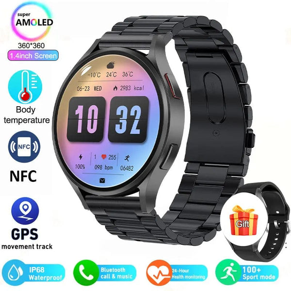 Planet Gates Black Silicone Smart Watch 1.4 inch HD Screen Smartwatch GPS track tracking Heart rate Body Temperature Smart Watch For Samsung Galaxy 2024 New