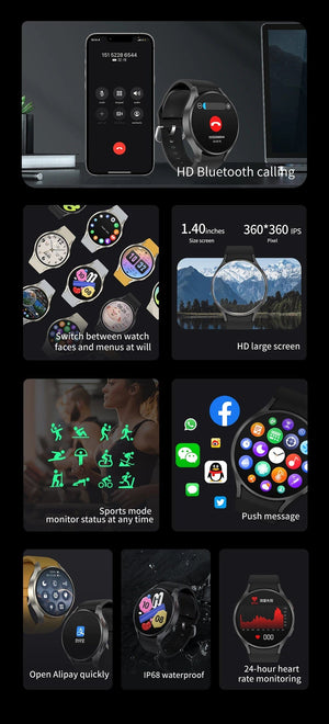 Planet Gates Black Silicone Smart Watch 1.4 inch HD Screen Smartwatch GPS track tracking Heart rate Body Temperature Smart Watch For Samsung Galaxy 2024 New