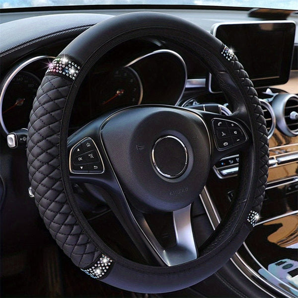 Planet Gates Black Sparkle And Shine: Inlaid Artificial Diamond Steering Wheel Cover For Women Car Accessories