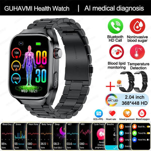 Planet Gates Black Steel 2A / Medical grade 2024 New Uric Acid Blood Fat Smartwatch ECG Blood Glucose Heart Rate Blood Pressure Health Monitoring Smart Watch For HUAWEI IOS