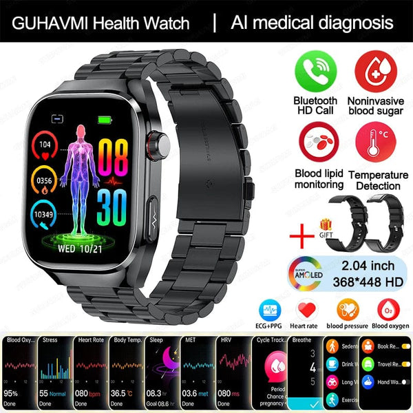 Planet Gates Black Steel 2A / Medical grade 2024 New Uric Acid Blood Fat Smartwatch ECG Blood Glucose Heart Rate Blood Pressure Health Monitoring Smart Watch For HUAWEI IOS