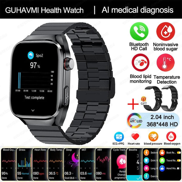 Planet Gates Black Steel B 2A / Medical grade 2024 New Uric Acid Blood Fat Smartwatch ECG Blood Glucose Heart Rate Blood Pressure Health Monitoring Smart Watch For HUAWEI IOS