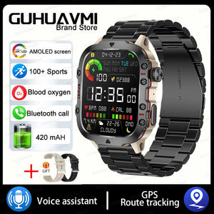 Planet Gates Black-Steel-B-2A / Outdoor Sports Watch 2024 New Rugged Military GPS Smart Watch Men AMOLED HD Screen Heart Rate Bluetooth Call Waterproof Outdoor SmartWatch For Xiaomi