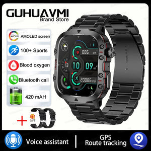 Planet Gates Black-Steel-B-2A / Outdoor Sports Watch 2024 New Rugged Military GPS Smart Watch Men AMOLED HD Screen Heart Rate Bluetooth Call Waterproof Outdoor SmartWatch For Xiaomi