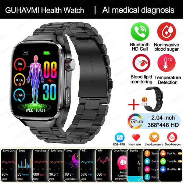 Planet Gates Black Steel / Medical grade 2024 New Uric Acid Blood Fat Smartwatch ECG Blood Glucose Heart Rate Blood Pressure Health Monitoring Smart Watch For HUAWEI IOS