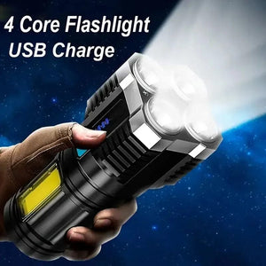 Planet Gates Black Strong Light LED Flashlight Camping Torch With 4 Lamp And COB Side Lights Outdoor USB Rechargeable Portable Hand Lantern