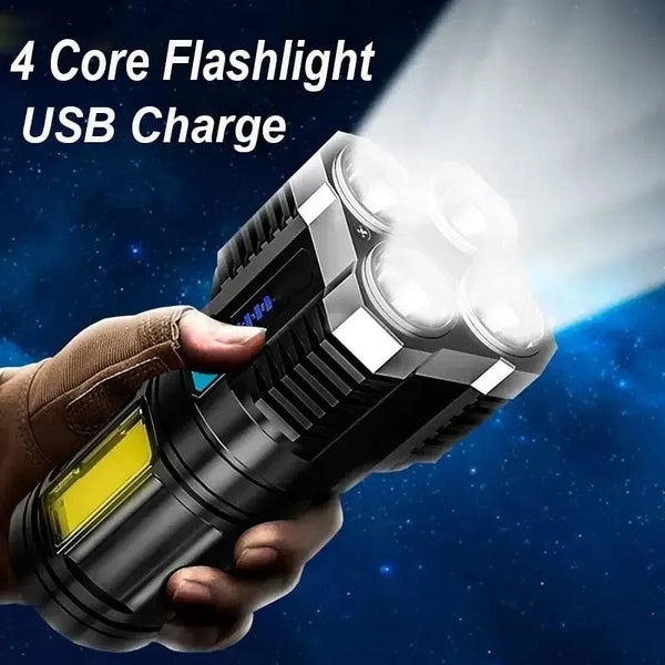 Planet Gates Black Strong Light LED Flashlight Camping Torch With 4 Lamp And COB Side Lights Outdoor USB Rechargeable Portable Hand Lantern