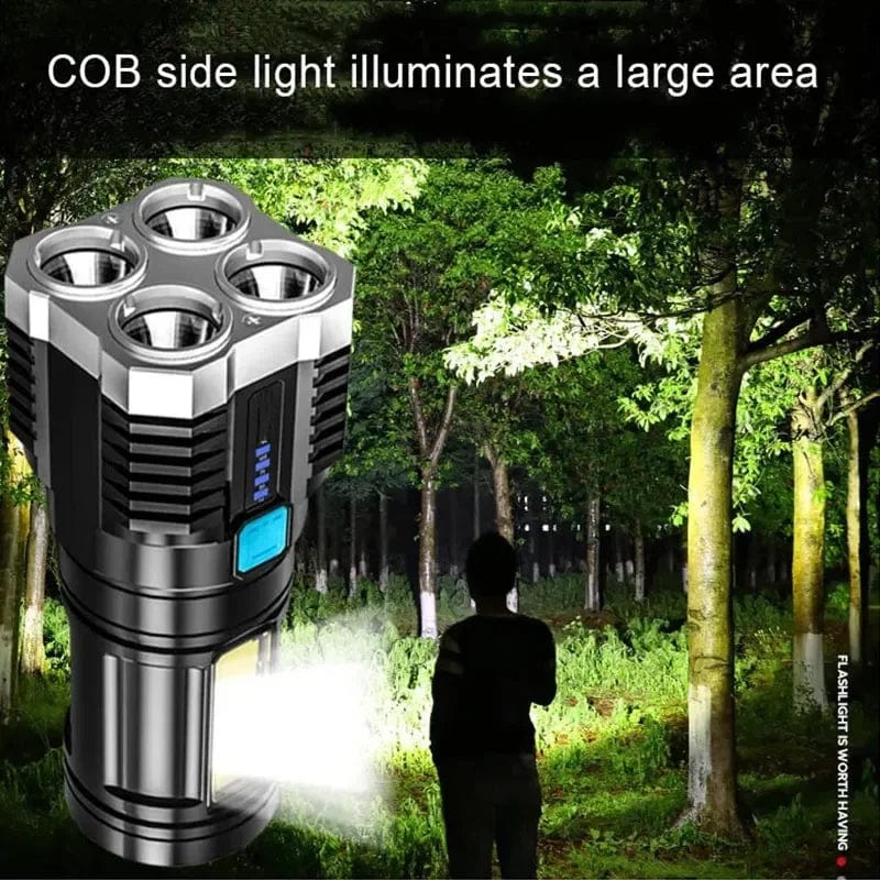 Planet Gates Black Strong Light LED Flashlight Camping Torch With 4 Lamp And COB Side Lights Outdoor USB Rechargeable Portable Hand Lantern