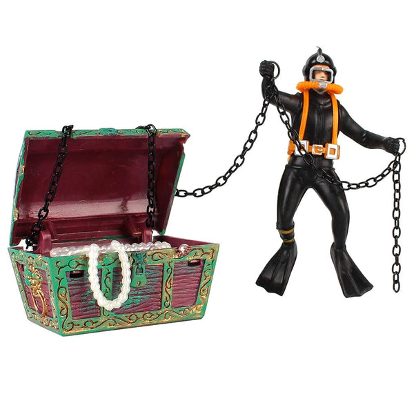 Planet Gates Black Treasure Chest Fish Tank Decorations Treasure Hunter Aquarium Decoration Accessories Diver Action Figure Fish Tank Ornament