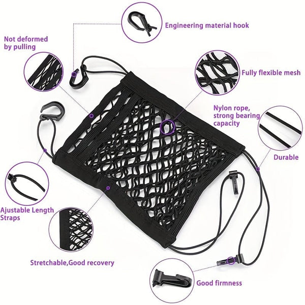 Planet Gates Black Universal Car Net Pocket Between Seats 3-Layer Car Mesh Organizer Car Seat Back Elastic Tidying Mesh Net Bag Car Net Barrier For Backseat Dogs