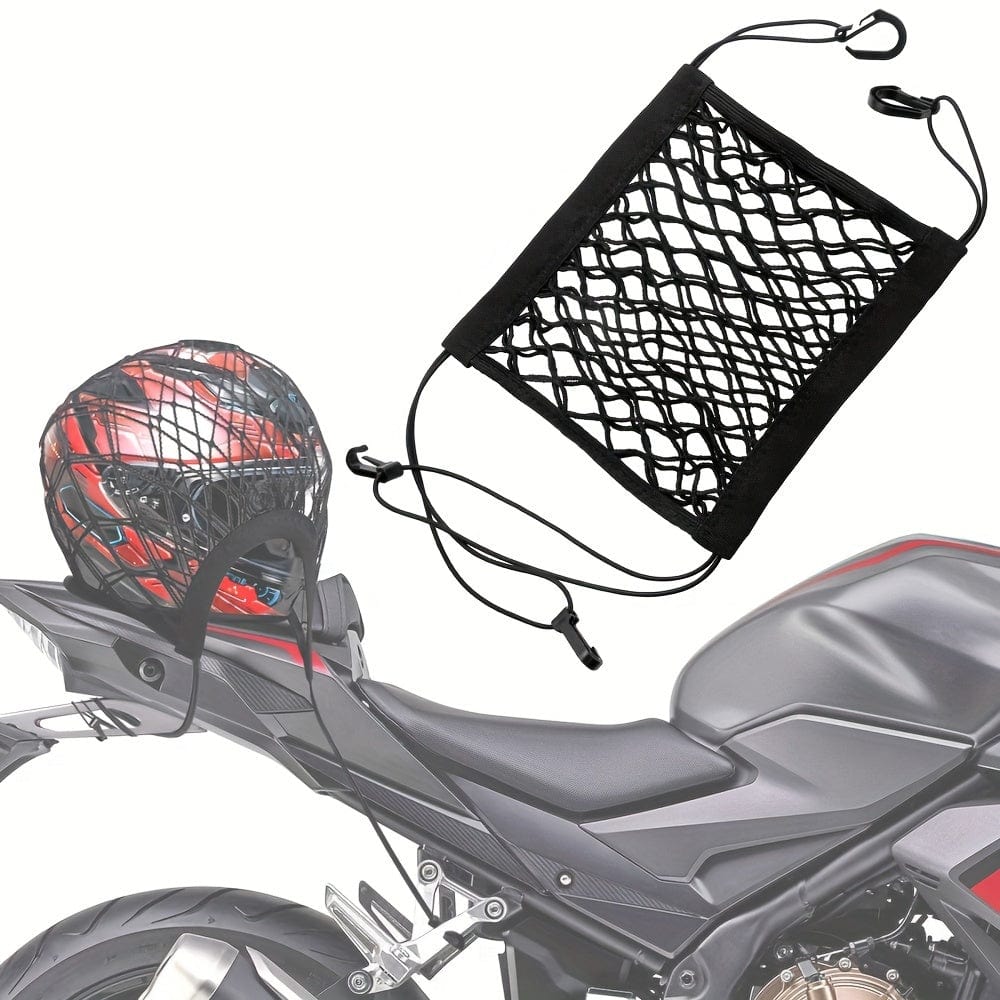 Planet Gates Black Upgrade Cargo Net For Motorcycle Helmet Storage, High-Elastic Double Layer Organizer Net Pocket With 4 Strong Hooks