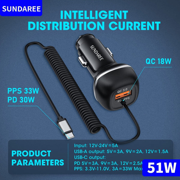 Planet Gates Black USB C 51W Super Fast Car Charger