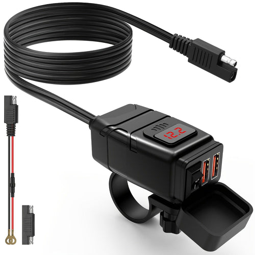 Planet Gates Black Waterproof Motorcycle USB Charger - Dual USB Ports For 12V-24V Motorcycles - Handlebar Mounted Power Supply Socket - Essential Motorcycle Accessory