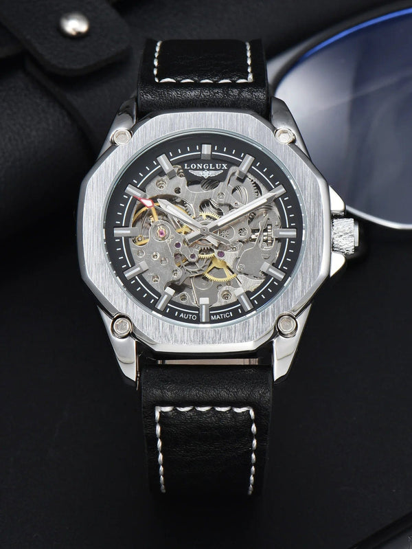 Planet Gates Black  White / CHINA Man watch automatic movement cool wholesale automatic watch luxury skeleton waterproof leather LONGLUX mechanical wrist watches