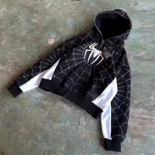 Planet Gates Black with white / L Foam printing Y2k clothing Spider web Red hoodie sweatshirt zipper warm Harajuku punk grunge Women Hip hop sweatshirt Hoodie