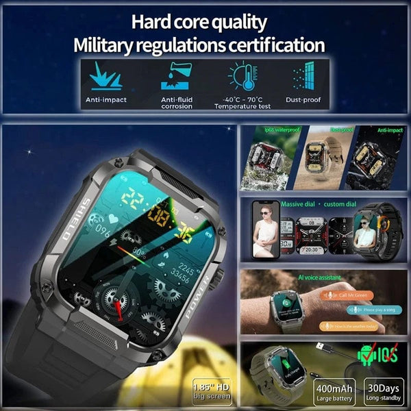 Planet Gates black Xiaomi Rugged Military Smart Watch Men For Android IOS Ftiness Watches Ip68 Waterproof 1.85'' AI Voice Bluetooth Call Smartwatch