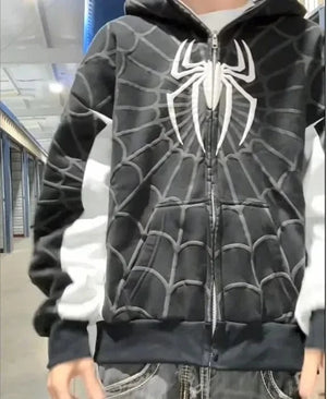 Planet Gates Black / XL Men Spider Print Hoodies Women Hip Hop Zipper Long Sleeve Jacket Coats Y2k Autumn Winter Harajuku Casual Loose Hooded Sweatshirt