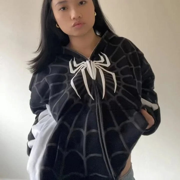 Planet Gates black / XL New Gothic Dark Spider Print Hooded Cardigan Women's Zip Loose Jacket Tops Woman