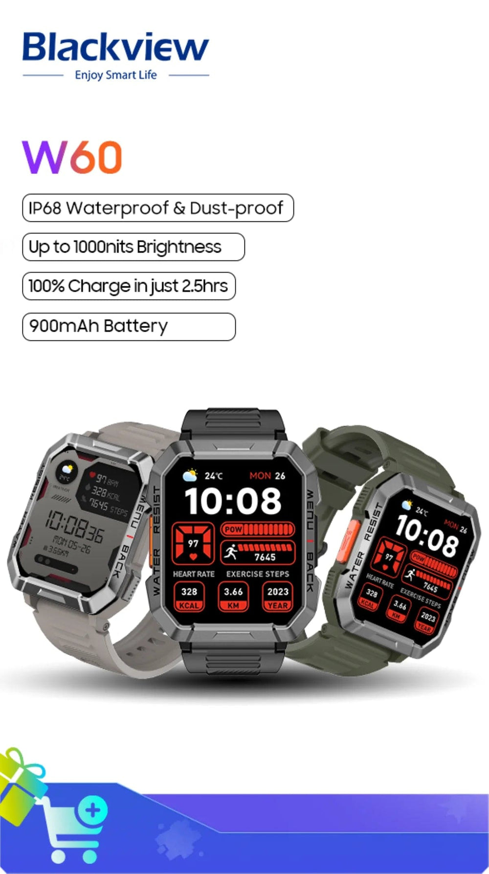 Planet Gates Blackview W60 2024 New Smartwatch 2.01'' HD Display TFT Rugged Smart Watch for Outdoor With Emergency Lighting Bluetooth Calling