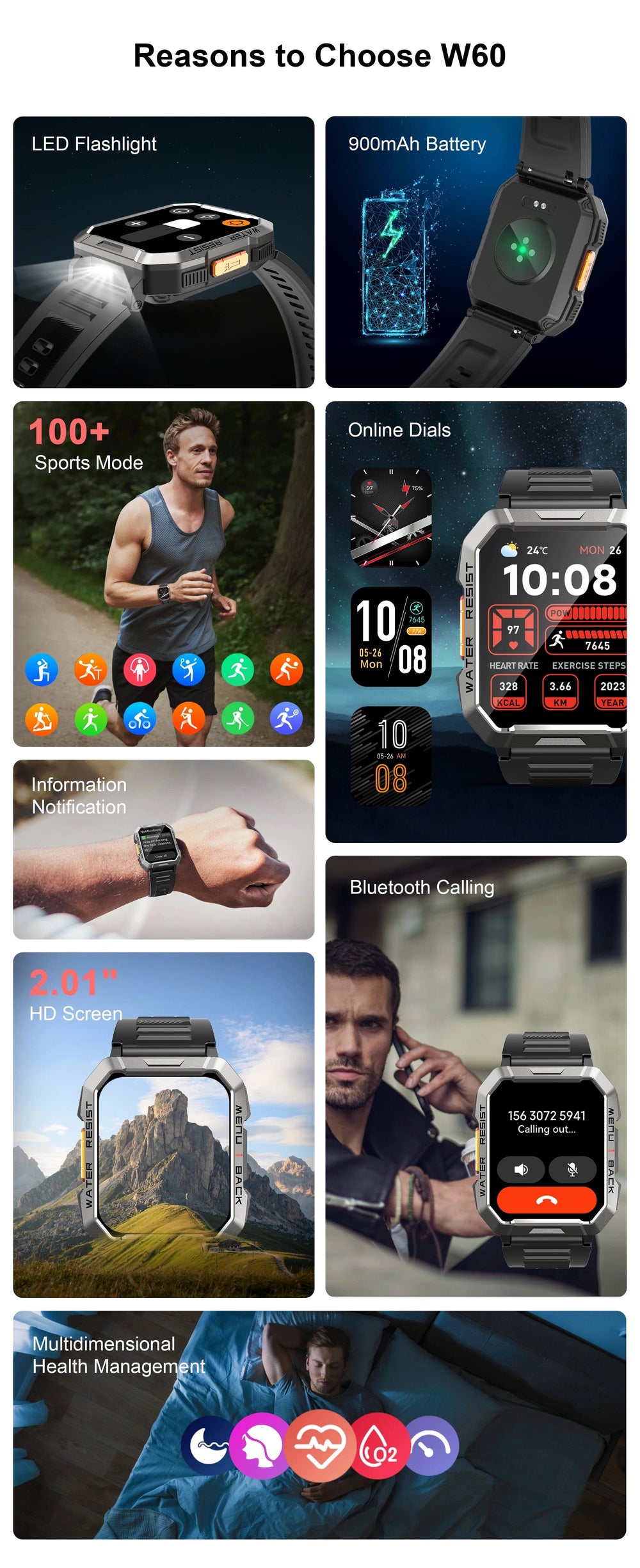 Planet Gates Blackview W60 2024 New Smartwatch 2.01'' HD Display TFT Rugged Smart Watch for Outdoor With Emergency Lighting Bluetooth Calling