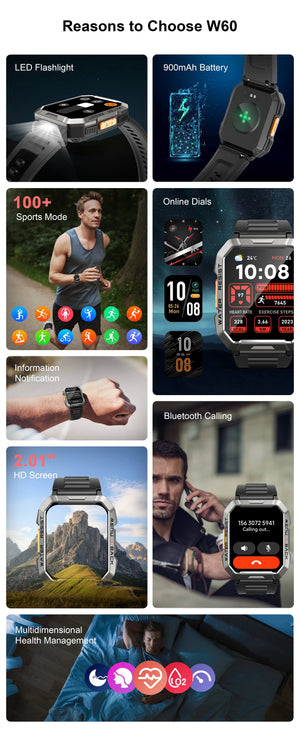 Planet Gates Blackview W60 2024 New Smartwatch 2.01'' HD Display TFT Rugged Smart Watch for Outdoor With Emergency Lighting Bluetooth Calling