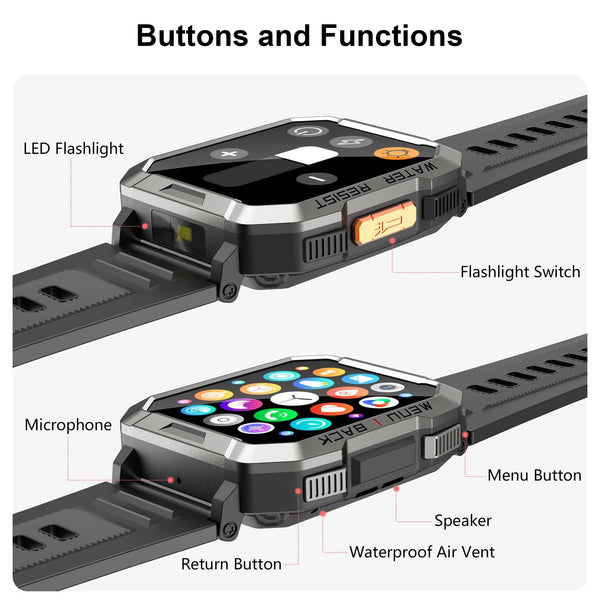 Planet Gates Blackview W60 2024 New Smartwatch 2.01'' HD Display TFT Rugged Smart Watch for Outdoor With Emergency Lighting Bluetooth Calling