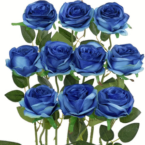Planet Gates Blue 10 Pcs Fake Roses Artificial Flowers, Roses Artificial Faux Flowers With Stems, Suitable For Home Wedding Centerpiece Hotel Office Decor, Valentine's Day For Home Ornament, Proposal Arrangement, Wedding Room