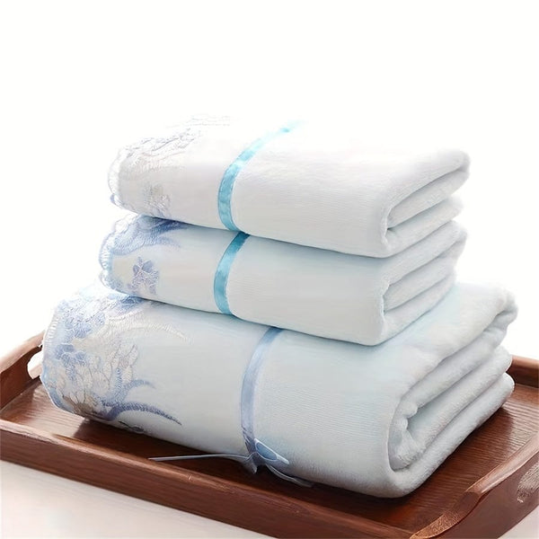 Planet Gates Blue / 140x70cmx1pc+75x35cmx2pcs 3pcs Lace Embroidery Towel Set, Household Microfiber Towel, Soft Absorbent Hand Towel Bath Towel, Bath Linen Sets For Bathroom, 1 Bath Towel & 2 Hand Towel, Bathroom Supplies, Bathroom Accessories