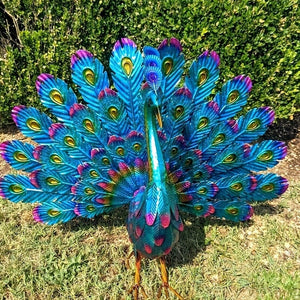Planet Gates Blue 1pc Metal Peacock Statue Garden Ornament Art Unique Peacock Ornament For Outdoor Home And Garden Decor, Patio Decor, Metal Farmyard Display