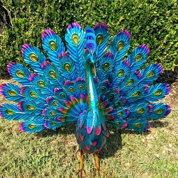 Planet Gates Blue 1pc Metal Peacock Statue Garden Ornament Art Unique Peacock Ornament For Outdoor Home And Garden Decor, Patio Decor, Metal Farmyard Display