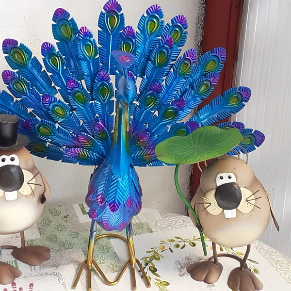 Planet Gates Blue 1pc Metal Peacock Statue Garden Ornament Art Unique Peacock Ornament For Outdoor Home And Garden Decor, Patio Decor, Metal Farmyard Display