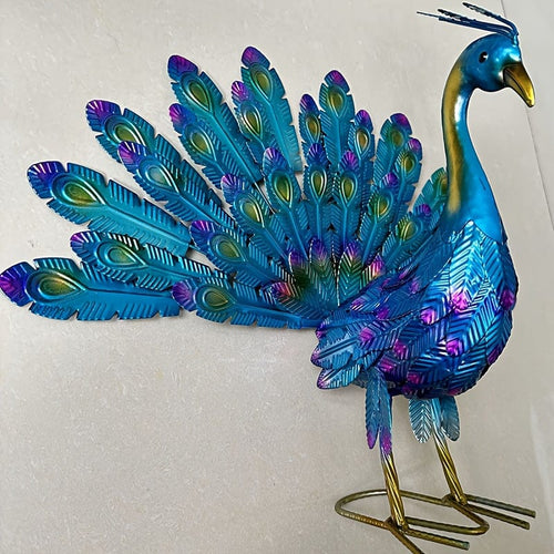 Planet Gates Blue 1pc Metal Peacock Statue Garden Ornament Art Unique Peacock Ornament For Outdoor Home And Garden Decor, Patio Decor, Metal Farmyard Display
