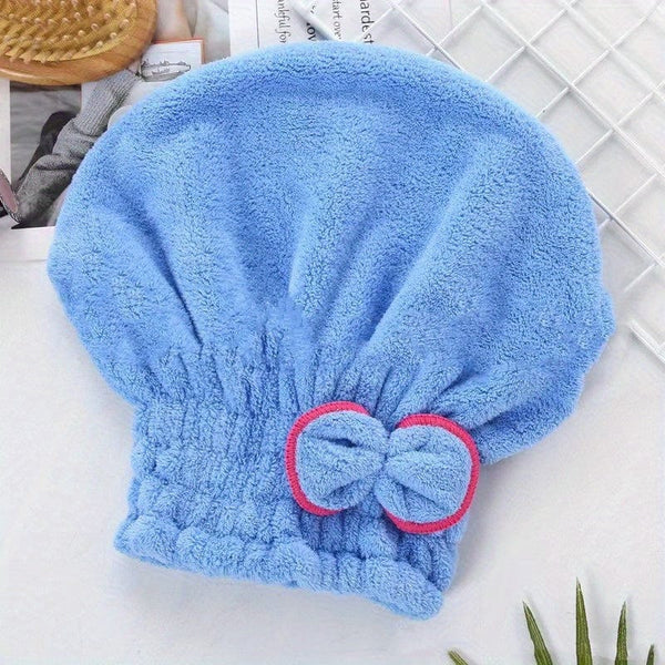 Planet Gates Blue 1pc Quick Drying Shower Caps For Women, Coral Velvet Microfiber Hair Towel With Bowknot Wrap, Perfect For Bathroom And Salon Use, Bathroom Supplies, Bathroom Accessories