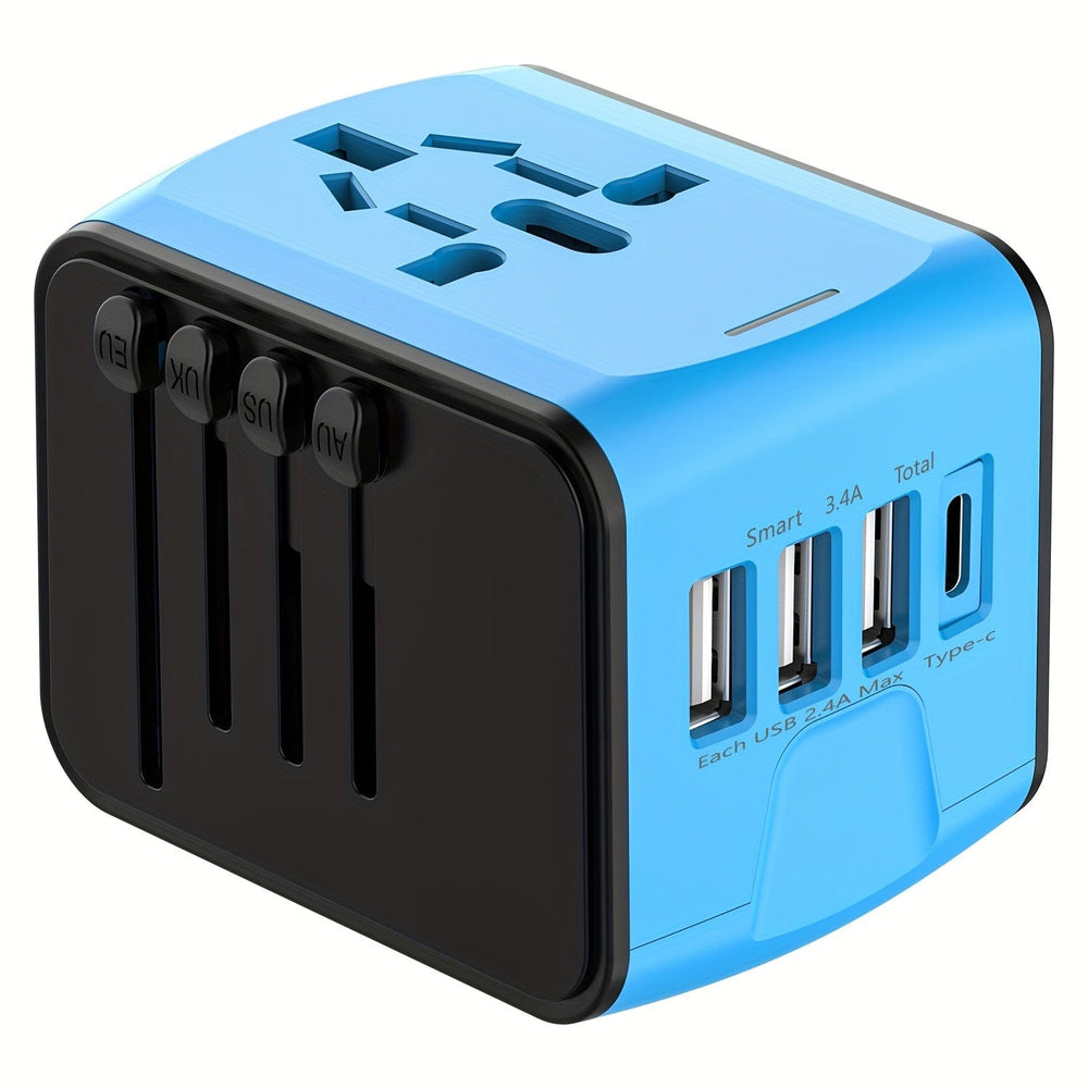 Planet Gates Blue 1pc Universal Travel Adapter, Worldwide International Power Adapter, High Speed 2.4A 4*USB, Type-C 3.0A Port With Worldwide AC Power Plug Wall Charger For Europe UK EU US CA AU Italy Asia And More Than 170 Countries