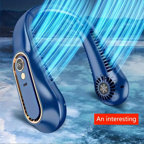 Planet Gates Blue 1pc Vaneless Hanging Neck Fan, Portable USB Cooler Fan With 5 Speeds And Digital Display - Super Strong Technology And Bladeless Design For Outdoor Use