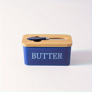 Planet Gates Blue 1set Ceramic Butter Dish With Bamboo Lid And Knife, Large Butter Keeper Container For Counter, Airtight Butter Holder With Cover For Kitchen