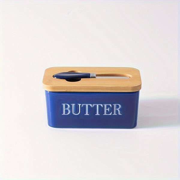 Planet Gates Blue 1set Ceramic Butter Dish With Bamboo Lid And Knife, Large Butter Keeper Container For Counter, Airtight Butter Holder With Cover For Kitchen