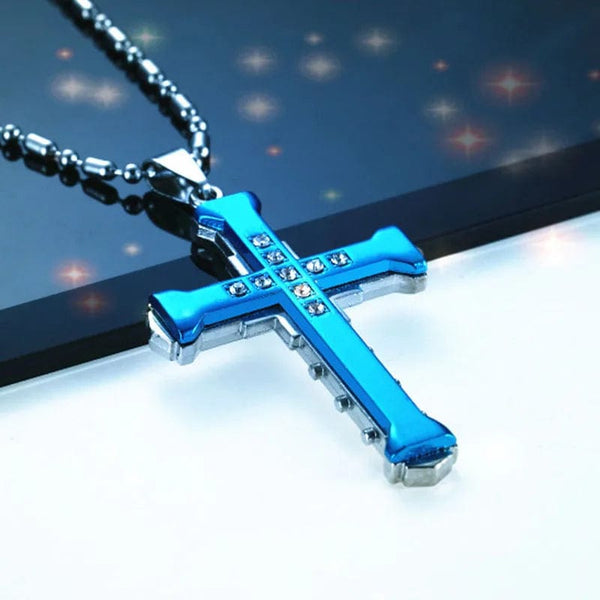 Planet Gates Blue 2024 New Male Crystal Cross Jesus Pendant Gold/Black/Blue Color Zirconia   Necklace Stainless Steel Jewelry