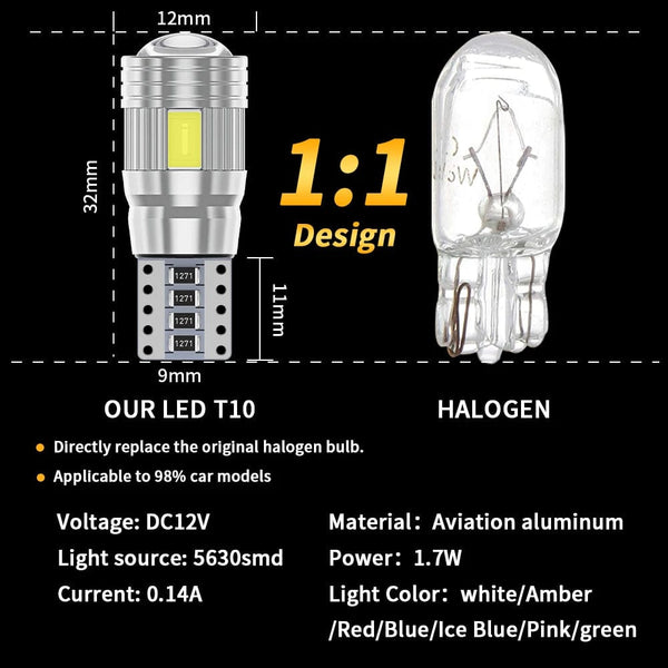 Planet Gates Blue 2pcs T10 W5W LED Bulb Canbus No error 12V 6000K 5630 6SMD Auto Claerance Wedge Side Reverse Lamps Turn Singal Light White Amber