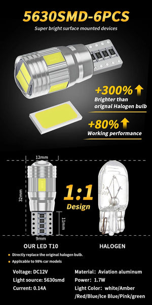 Planet Gates Blue 2pcs T10 W5W LED Bulb Canbus No error 12V 6000K 5630 6SMD Auto Claerance Wedge Side Reverse Lamps Turn Singal Light White Amber